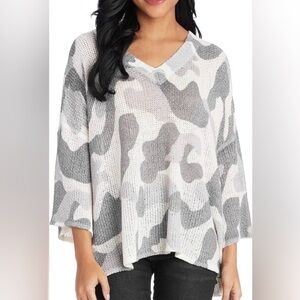 Mud Pie Scarlett Camo Sweater Gray Open Knit Oversized Slouchy Beachy Size S/M
